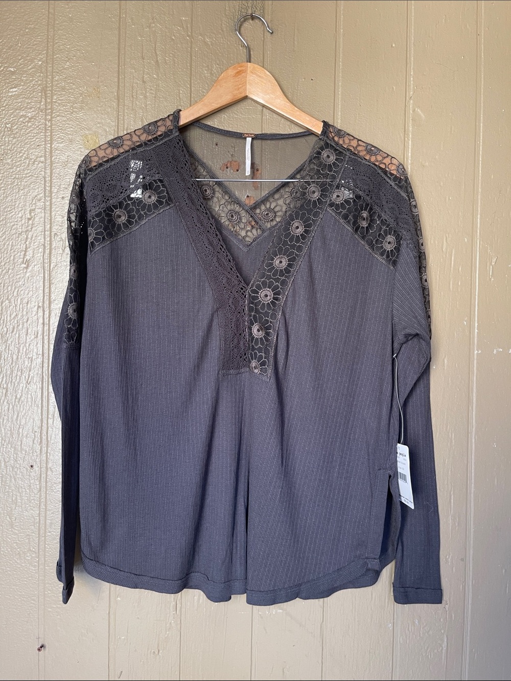 Free People Women's Charcoal Lace Yoke V-Neck Long Sleeve Top in washed black XS